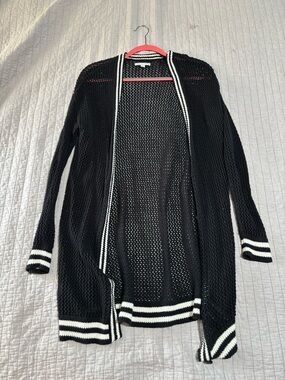 American Eagle Outfitters Black Open-Weave Cardigan with White Trim